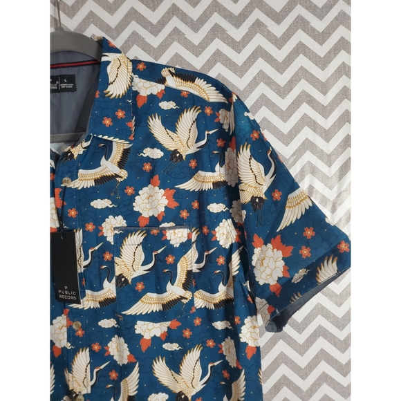 Public Record Polyester Mens Flying Crane Floral Button Up Shirt - Picture 3 of 6